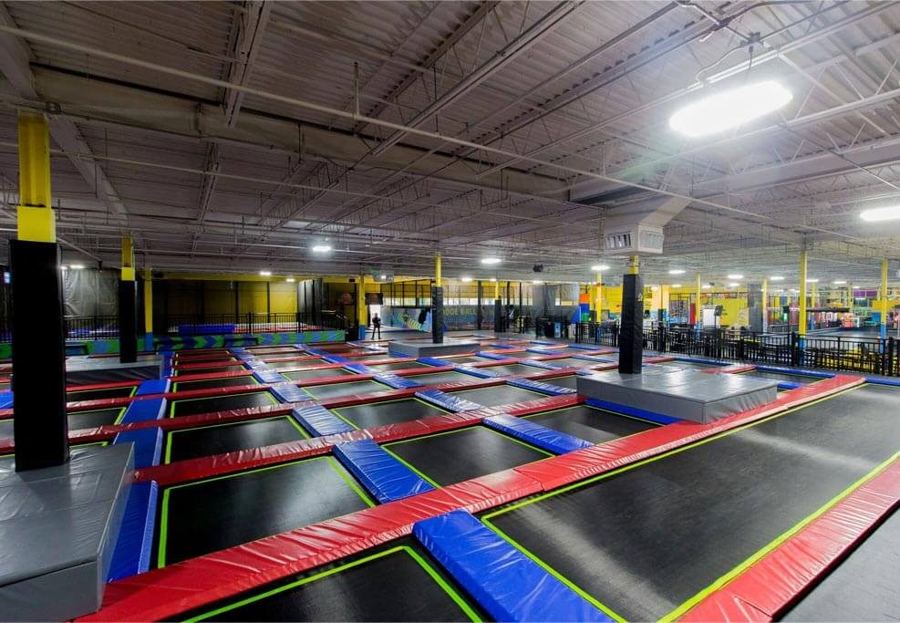 Wide view of Funzilla’s freestyle trampoline courts
